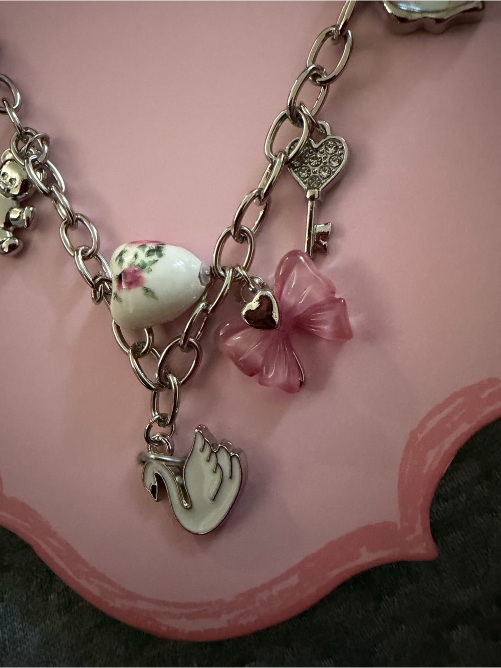 Girls Pink Charm Necklace with Swan and Floral Heart - Picture 2 of 3